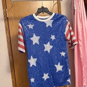 Sequin Star Mini Dress - Blue & White with Red Stripe Sleeves